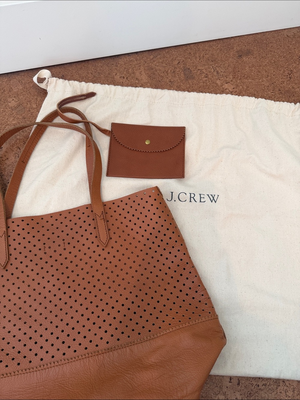 J. Crew Perforated Leather Tote and Matching Card Pouch in Cognac